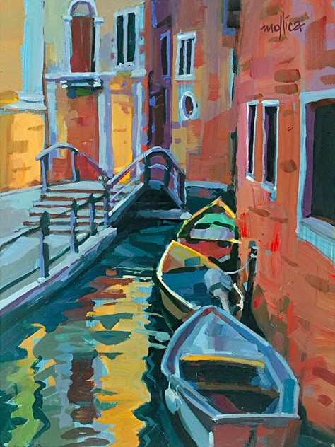 Patti Mollica, Poster Color Painting, Venice Painting, Italy Painting, Boat Art, Painting Media, Abstract Landscapes, Boat Painting, Water Art