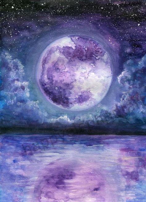 watercolor moon painting, Purple moon wall art, moon over water painting, Night sky moon art  #MoonOverWater #AboveBedArt #PurpleMoonPainting #NightSkyArt #PaintingOfTheMoon #WatercolorMoon #FullMoonArt #MoonArtPrint #MoonPainting #FullMoonPainting Moon And Sky Painting, Full Moon Watercolor Painting, Purple Moon Painting, Day To Night Painting, Moon Over Water Painting, Color Water Painting, Purple Painting Ideas, Purple Art Painting, New Moon Art