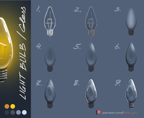 How to draw light bulb and glass photoshop tutorial How To Draw Glass Procreate, Glass Drawing Digital, Draw Glass Tutorial, How To Color Glass Digital Art, How To Shade Glass Digital, Glass Coloring Tutorial, Glass Shading Tutorial, How To Paint Glass Digital Art, Glass Effect Drawing