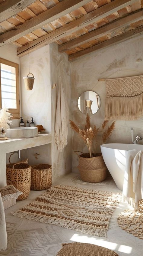 Earthy Bathroom Ideas, Bohemian Bathroom Ideas, Wabi Sabi Bathroom, Bohemian Bathroom Decor, Earthy Bathroom, Boho Style Bathroom, Boho Bathroom Ideas, Bohemian Bathroom, Boho Shower Curtain