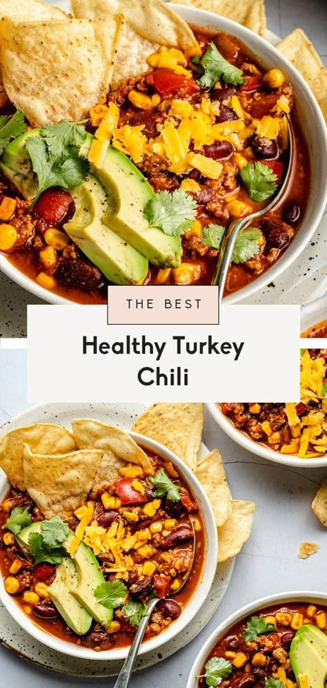 Healthy turkey chili made with lean ground turkey, kidney beans and corn. This famous recipe is perfectly spiced, packed with plenty of protein and fiber, and is simply the BEST. Make it on the stovetop or in your slow cooker for an easy, delicious weeknight dinner. #chili #healthydinner #mealprep #dinner Healthy Turkey Chili Recipe, Healthy Turkey Chili, Healthy Chili Recipe Turkey, Chili Recipe Healthy, Turkey Chili Healthy, Turkey Chili Recipe, Trending Food, Beans And Corn, Healthy Chili