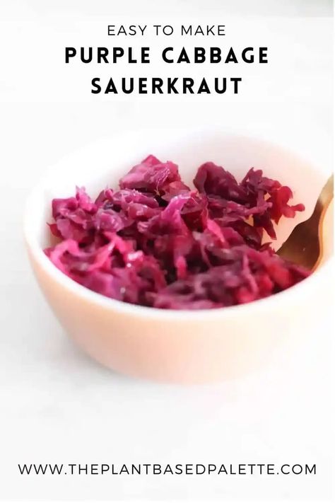 If you're looking for a good probiotic recipe then look no further! This is an easy whole food plant-based purple cabbage sauerkraut that uses only a few simple ingredients. This vegan side dish is great toss into any lunch or dinner meal to add a vibrant natural color as well as added nutrients for your gut health! Check out the recipe and try out this fermented sauerkraut deliciousness! Purple Sauerkraut Recipe, Red Cabbage Sauerkraut, Fermented Sauerkraut, Sauerkraut Recipe, Sauerkraut Recipes, Vegetarian Cabbage, Healthy Vegan Snacks, Vegan Side Dishes, Dinner Meal