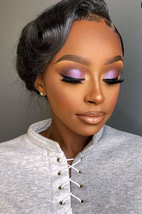 Purple Bridal Makeup Black Women, Lilac Eye Makeup Black Women, Purple Soft Glam Makeup Black Women, Purple Wedding Makeup For Brown Eyes, Lilac Bridal Makeup, Lavender Makeup Looks Black Women, Purple Soft Glam Makeup, Purple Wedding Makeup The Bride, Natural Purple Makeup