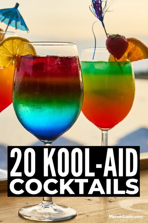 Want to upgrade your Kool Aid game? Whether you're looking for Kool Aid mocktails, Kool Aid cocktails, or Kool Aid recipes for kids, we've curated the best of the best! From whipped Kool Aid, to Kool Aid Slushies, to Kool Aid pie, to Kool Aid Smoothies, to Kool Aid margaritas and more, there are lots of easy and delicious recipes to try. You can also get crafty and dye eggs, tie dye shirts, and make homemade play dough with Kool Aid! Kool Aid Alcoholic Drink, Kool Aid Cocktails, Killer Koolaid Cocktail, Koolaid Cocktails, Green Drinks Alcohol, Kool Aid Popcorn, Kool Aid Pie, Mixed Drinks Alcohol Recipes, Orange Crush Cocktail