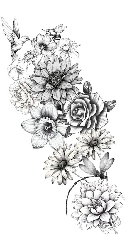 Hummingbird Sleeve Tattoo, Floral Hip Tattoo, Women Half Sleeve, Arm Sleeve Tattoos For Women, Hip Thigh Tattoos, Hip Tattoos, Beautiful Flower Drawings, Clever Tattoos, Tattoos For Women Flowers