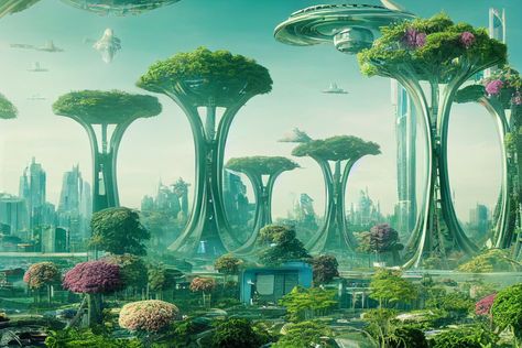 Utopia Fantasy Art, Futuristic Nature Landscapes, Utopia City Concept Art, Alien City Landscapes, Futuristic City Utopia Aesthetic, Futuristic Cities Sci Fi, Bio Punk City, Futuristic City Landscape, Futuristic Nature City