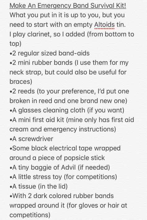 Marching Band Emergency Kit, Band Competition Packing List, Section Leader Band, Marching Band Essentials, Band Section Leader Ideas, Marching Band Survival Kit, College Marching Band, Marching Band Workout, Marching Band Fundraisers