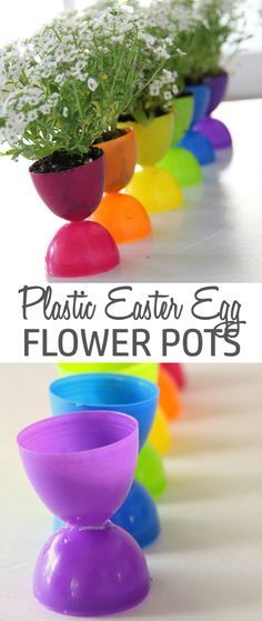 Plastic Easter Egg Pots | Easter Decorations | Easter Table Settings | Rainbow Easter | www.madewithHAPPY.com Easter Craft Ideas, Easy Toddler Activities, Easter Table Settings, Plastic Easter Eggs, Craft Ideas For Kids, Easter Egg Crafts, Easter Projects, Egg Crafts, Easter Craft