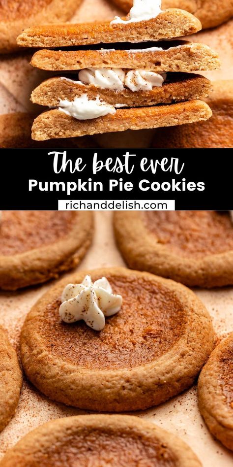 These pumpkin pie cookies are made with a buttery, spiced dough that is filled with a creamy pumpkin filling and topped with whipped cream. Ginger Snap Pumpkin Pie Cookies, Spicy Pumpkin Cookies, Homemade Pumpkin Filling, Pumpkin Cookies With Pumpkin Pie Filling, Pumpkin Cookies Recipes Easy, Cookies With Pumpkin Pie Filling, Pumpkin Pie Filling Cookies, Recipes With Pumpkin Pie Filling, Pumpkin Filling Recipes