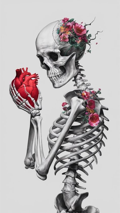 Skeleton With Flowers Growing Out Of It, Flowers Growing Out Of Skeleton, X Ray Painting, Skeleton Reaching Out, Skeleton Holding Flowers Tattoo, Skull With Flowers Growing Out Of It, Bones With Flowers, Skeleton Flower Art, Skull With Flowers Drawing