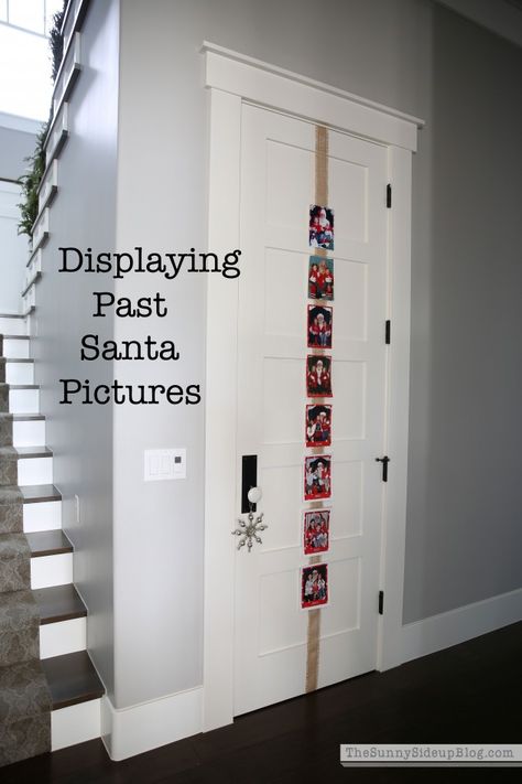 Displaying Christmas Photos, Santa Pictures Display Yearly, Santa Photo Display, How To Display Santa Pictures, Christmas Photo Display Family Pictures, Photo Christmas Cards Diy, Santa Picture Display Ideas, Santa Photo Display Ideas, Display Santa Photos