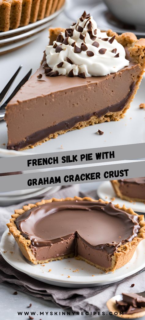 Indulge in the creamy decadence of this French Silk Pie with a buttery graham cracker crust! This classic dessert features a rich chocolate filling topped with fluffy whipped cream and chocolate shavings. Perfect for any occasion, this pie is sure to impress your guests and leave them craving more!

#FrenchSilkPie #ChocolateLovers #DessertRecipe  #myskinnyrecipes 🍫🍰 Easy French Silk Pie, Recipe With Graham Cracker Crust, French Silk Pie Recipe, Chocolate Silk Pie Recipe, Brownies With Chocolate Chips, Graham Dessert, Pie With Graham Cracker Crust, Silk Pie Recipe, Graham Cracker Crust Recipe