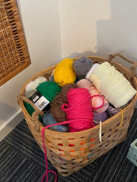 Basket Of Yarn Aesthetic, Yarn Storage Aesthetic, Crochet Asthetic Picture, Crochet Organization, Hobby Aesthetic, Crochet Organizer, Crochet Storage, Knitting Aesthetic, Yarn Storage