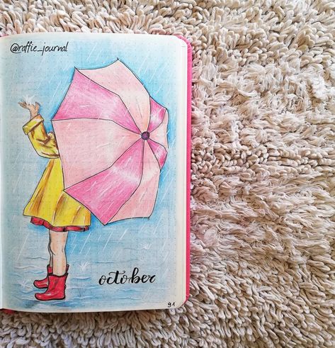 Rainy Day Journal, Rainy Day Sketch, Cover Pages Ideas, Rainy Season Drawing, October Cover Page, Rain Journal, Bullet Journal Entries, Rainy October, Rain Drawing