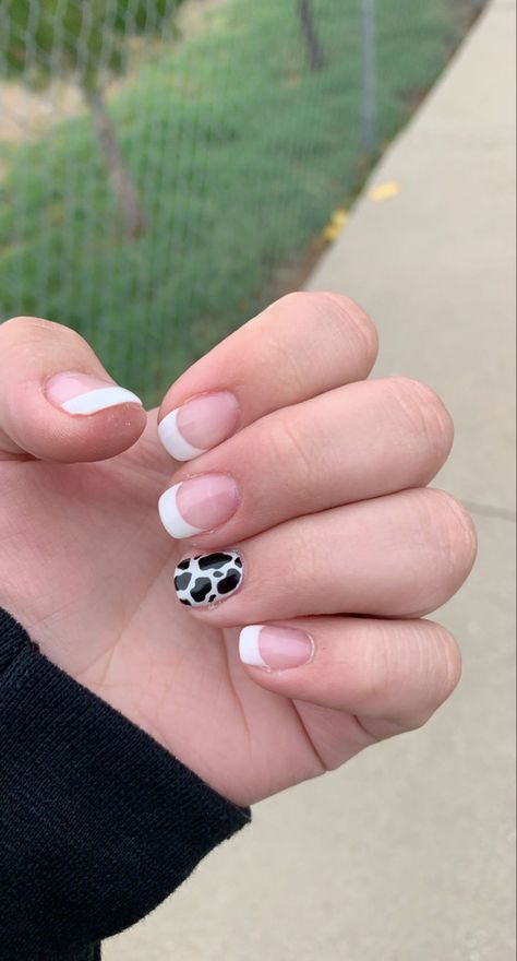 Cute French Tip Nails Acrylic Short Almond, French Nails With Cow Print, French Tip Nails Cow Print, French Tip Nails With Cow Print, Short Square Cow Print Nails, Cow Print Accent Nails, Country French Tip Nails, French Tip With Cow Print, Western French Tips