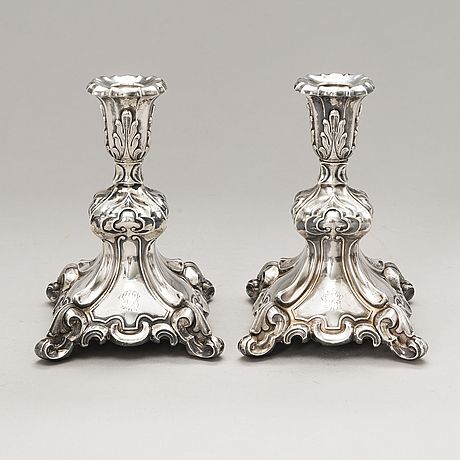 A pair of silver candlesticks, Auran Kultaseppä oy, Turku, Finland 1950. Turku Finland, Brides Basket, Silver Pooja Items, Silver Candle, Silver Candlesticks, Crystal Candlesticks, Silver Ornaments, Woodworking Jigs, French Furniture