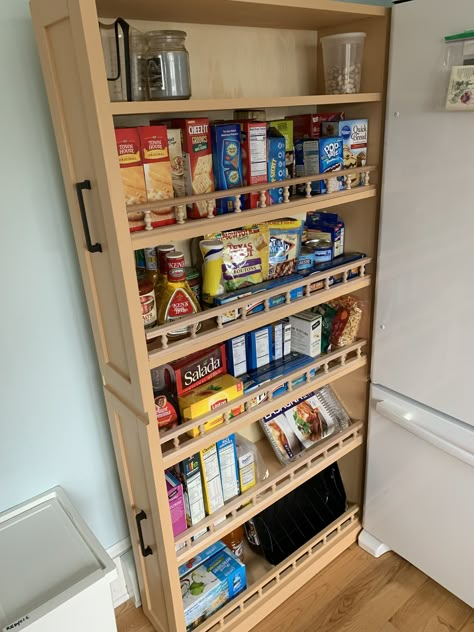 Fridge Gap Storage, Slim Pantry Ideas, Vertical Pantry, Diy Pantry Cabinet, Rolling Pantry, Tiny Pantry, Slide Out Pantry, House Pantry, Pantry Wall