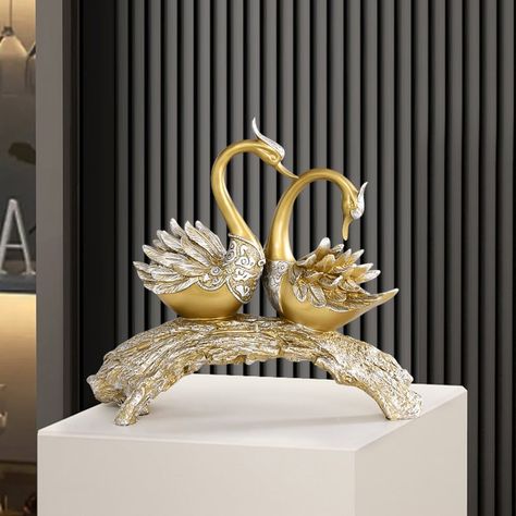 14.2" Gold Modern Simulation Couple Swan Sculpture Art Ornament Home Table Statue Decor Gold Swan, Photo Table, Swan Figurine, Desk In Living Room, Room Display, Swans, House Of Hampton, Decor Interior Design, Resin Crafts