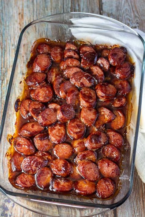 Bbq Sausages, Bbq Sausage, Smoked Sausage Recipes, Kielbasa Recipes, Sausage Dishes, Sausage Bake, Favorite Dinner, Pork Dishes, Sausage Recipes