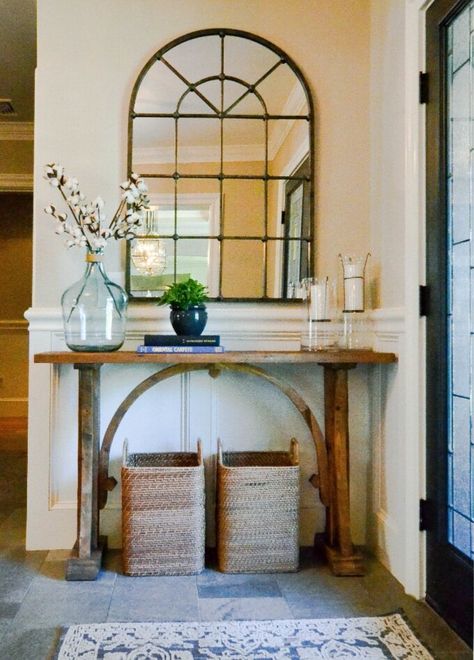 Gray+Oak+Studio+-+Rustic+Arch+Entryway+Foyer+Table Window Pane Mirror Decor, Arch Mirror Decor, Arch Console, Rustic Arch, Hallway Table Decor, Magnolia Home Rugs, Window Pane Mirror, Entry Mirror, Farmhouse Console Table