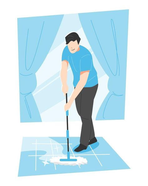 man mopping the floor with a handle mop. cleaning the house. hygiene concept, activity. isolated on blue background with window, curtain. vector illustration in flat style. House Hygiene, Mopping The Floor, Anonymous Mask, Mopping Floors, Cleaning The House, Power Clean, Vector Portrait, Flat Style, Floor Cleaner