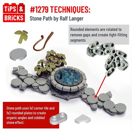 In today’s technique post, we’re looking at a straightforward but effective technique for building a stone path, which you can integrate into your garden landscapes or layouts! Ralf Langer uses rounded 1x2 plates to create organic, winding angles and fills in the gaps with corner tiles.Let us know which of the many techniques in this build is your favourite!Make sure you're following Ralf on Instagram and Flickr if you aren't already! https://www.instagram.com/ranghaal/?hl=en https://... Lego Forestmen, Lego Terrain, Lego Diy Crafts, Curved Roof, Lego Buildings, Lego Display, Lego Diy, Lego Activities, Lego Modular