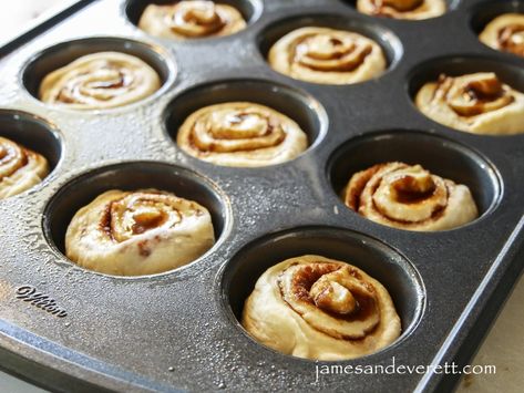 Muffin Pan Cinnamon Rolls Recipe | James & Everett Pan Cinnamon Rolls, Cinnamon Roll Cupcakes, Cinnamon Filling, Cinnamon Roll Muffins, Sweet Dough, Vanilla Icing, Muffin Pans, King Arthur Flour, Cupcake Pan