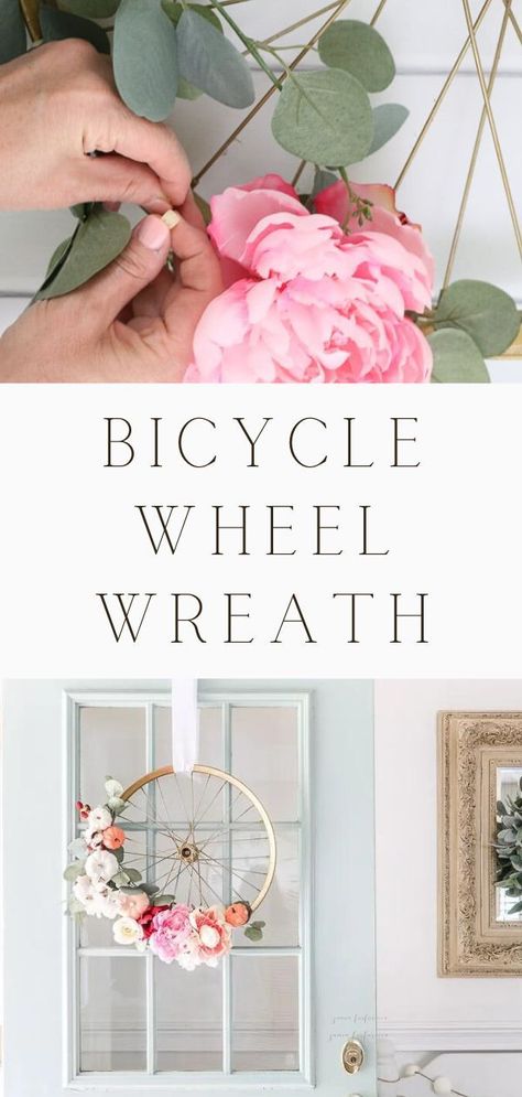 Bicycle wheel wreath DIY. Sharing a simple wreath idea using an old thrifted kids bicycle wheel. This bicycle wheel wreath idea is perfect for spring or fall. Using gold spray paint I painted the wheel and then added eucalyptic and peonies flowers to make a wreath. Add mini pumpkins to make it fall. New life for a bike rim. A great project that includes artificial flowers, pumpkins and greenery. Wreaths for front door, wreath flowers, wreath with flowers, wreath decor. Bicycle Wheel Wreath Diy, Fall Bicycle, Bicycle Wreath, Bicycle Wheel Wreath, Greenery Wreaths, Wheel Wreath, Simple Wreath, Fall Color Schemes, Craft Projects For Adults