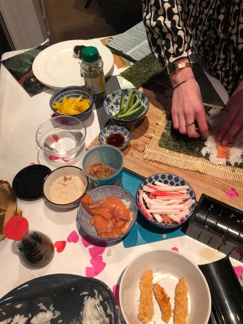 #sushi #handmade #food #aesthetic Homemade Sushi Night Aesthetic, Making Sushi At Home Aesthetic, Sushi Making Aesthetic, Homemade Sushi Aesthetic, Making Sushi Aesthetic, Diy Sushi Night, Sushi Night At Home, Sushi Making Party, Making Sushi At Home