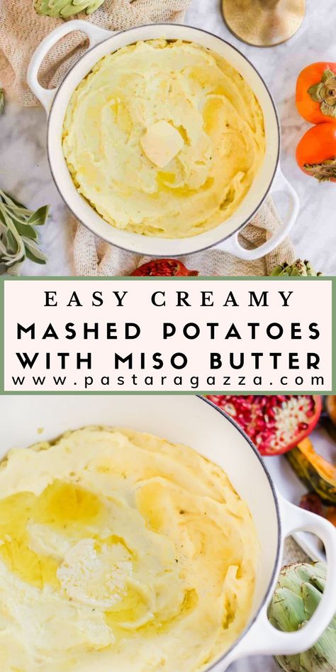 Mashed Potatoes with Miso Butter is a fun twist on traditional mashed potatoes. They have a hint of miso butter, adding a savory, umami flavor to your mashed potatoes. They make a perfect Thanksgiving, holiday, or weeknight side dish for small or large groups. Miso Eggplant, Butter Mashed Potatoes, Miso Butter, Sauteed Green Beans, Butter Pasta, Vegetarian Sides, Vegetarian Side Dishes, Weeknight Dinner Recipes Easy, Perfect Thanksgiving