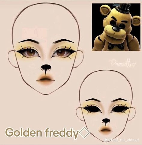 Golden freddy fnaf makeup, yello makeup, golden makeup, red makeup, purple makeup, fnaf makeup, fnaf springstap, five nights at freddys #fnaf #fnafedit #tiktok #makeup #aesthetic #fivenightsatfreddys #springtrap #green #purple #puppets #fnafpuppet #foxy #golden #freddy Fnaf Makeup Ideas, Fnaf Makeup Looks, Freddy Cosplay Fnaf, Fnaf Inspired Makeup, Golden Freddy Cosplay, Fnaf Nails, Makeup Looks Drawing, Puppet Makeup, Fnaf Makeup