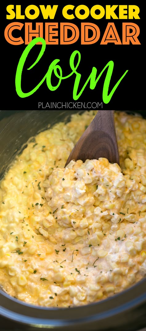 Slow Cooker Cheddar Corn - this stuff is AMAZING!! Just dump everything in the slow cooker and let it work its magic! Frozen corn, cream cheese, cheddar cheese, butter, heavy cream, salt and pepper. Great side dish for a potluck! There is never any left! Such an easy side dish recipe!! Corn Cream Cheese, Cheddar Corn, Corn Cream, Crockpot Side Dishes, Cheese Cheddar, Bbq Side Dishes, Bbq Side, Corn Dishes, Cheese Butter