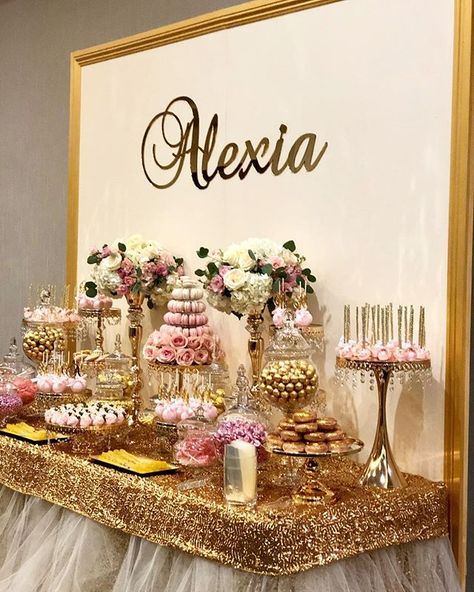 Candy Dessert Table for #quinceañera by @bizziebeecreations Gold Name by @wolfelaserengraving and Macaroons by @leparadismacaron and… Porsha Wedding, Ideas For Quinceanera, Fruit Table Ideas, Dessert Centerpiece, Candy Dessert Table, Gold Dessert Table, Diy Dessert Table, Wedding Candy Table, Dessert Table Ideas