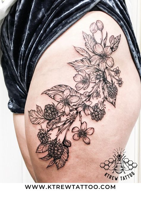 #bramblestattoo #blackberries #tattoos #tattoosforwomen #tattooideas #sunday #blackberriestattoo #blackworktattoo Blackberry Tattoos, Gran Tattoo, Blackberries Tattoo, Raspberry Tattoos, Crone Tattoo, Pnw Plants, Blackberry Tattoo, Nape Tattoo, Cuff Tattoo