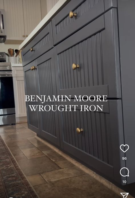 Benjamin Moore Wrought Iron Kitchen Island, Wrought Iron Benjamin Moore Bathroom, Benjamin Moore Iron Ore, Wrought Iron Benjamin Moore, Bachelor Pad Kitchen, Insurance Office, Benjamin Moore Wrought Iron, Wrought Iron Paint, Paint Color Inspiration