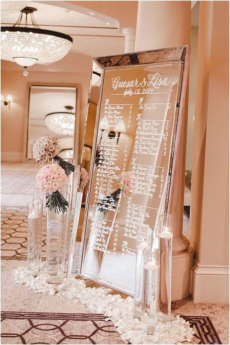 mirror wedding table setting via Jana Williams  / http://www.himisspuff.com/mirror-wedding-ideas/ Mirror Seating Chart, Rose Gold Wedding Decor, Rustic Wedding Decorations, Tafel Decor, Foliage Wedding, Gold Wedding Decorations, Wedding Decor Elegant, Glam Wedding, Seating Chart Wedding