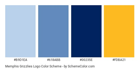 Download Memphis Grizzlies Logo color scheme consisting of #b9d1ea, #618abb, #00235e and #fdba21. This 4 colors palette has been categorised in Brand and Logo, Light, Light Blue and Yellow color categories. Yellow Blue White Color Scheme, Yellow And Navy Color Palette, Logo Color Palette Branding Blue, Dark Blue And Yellow Color Palette, Light Blue Yellow Color Palette, Memphis Color Palette, 4 Colors Palette, Yellow And Blue Color Scheme, Color Palette Yellow And Blue