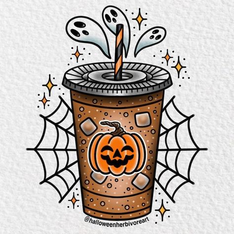 Vincent Maddox on Instagram: "Hot or iced coffee? 🎃 Available to get tattooed by the artist of your choosing by getting a tattoo ticket on my website!" Halloween Coffee Tattoo, Ice Coffee Tattoo, Iced Coffee Tattoo, Halloween Sleeve, Spooky Doodles, Tattoo Ticket, Tattooed Models, Spooky Coffee, Coffee Tattoo