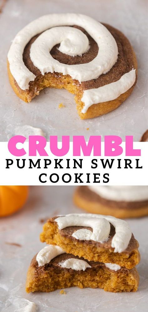 These crumbl pumpkin roll cookies are thick and chewy and packed with pumpkin. They are perfectly spiced with warming spices, then topped with a cinnamon-sugar mixture and cream cheese frosting just like a pumpkin cinnamon roll would be. They are easy t make year round and will be truly loved by everyone! This pumpkin cookie recipe will be my go to thanksgiving dessert this year. Pumpkin Crumbl Cookie, Crumbl Pumpkin Cookies, Crumbl Pumpkin Cookie Recipe, Keto Crumbl Cookie, Fall Crumbl Cookies, Cinnamon Swirl Cookies, Copycat Cookies, Crumbl Copycat, Patty Cakes