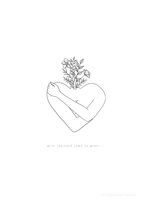 A4 ‘Give yourself time to grow’ self love, self growth, self care Art Print. Line drawing, minimalistic, monochrome, gallery wall art print. Simple Heart Tattoos, Love Symbol Tattoos, Love Yourself Tattoo, Henne Tattoo, Self Love Tattoo, Line Art Tattoos, Dainty Tattoos, Art Minimaliste, Simplistic Tattoos