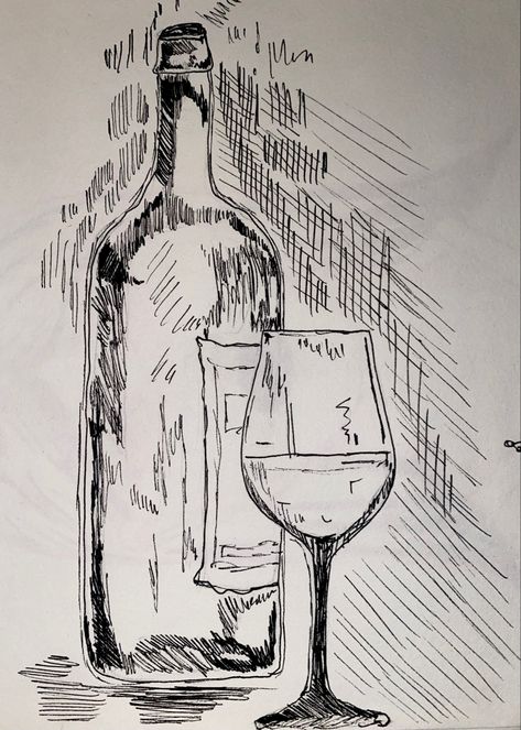 Alcohol Sketch Art, Alcoholic Drawing Sketches, Alcohol Drawing Aesthetic, Alcohol Art Bottle, Alcoholic Drawing, Drinking Sketch, Wine Drawing Sketches, Bottle Drawing Sketch, Alcohol Bottle Drawing