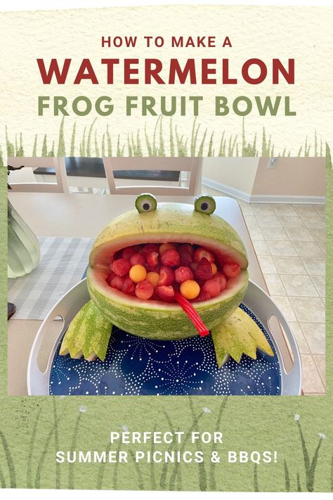 How to make a watermelon frog fruit bowl- such a fun dish to bring along. to a picnic or summer BBQ! Supply list and directions. Frog Fruit Bowl, Watermelon Frog, Watermelon Fruit Bowl, Frog Fruit, Watermelon Fruit Bowls, Preschool Planner, Family Resources, Mini Cucumbers, Melon Baller