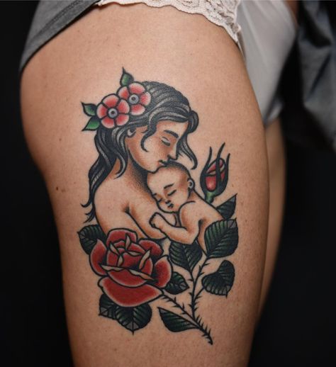 Mother and child, Healed. One of my favorites. #wildreminder #jackbrownstattoorevival #alliancetattoosupply #eternalinks #motherandchild… Traditional Tattoo Baby, Motherhood Tattoo, Mama Tattoos, Mutterschaft Tattoos, Mother And Baby Tattoo, Breastfeeding Tattoo, Mother Tattoos For Children, Motherhood Tattoos, Baby Name Tattoos