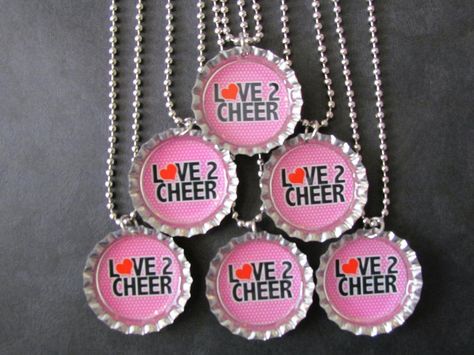 Love 2 Cheer Bottle Cap Party favors 6  add on by PPPartyFavors, $12.00 Cheer Necklace, Cheer Jewelry, Cheerleading Party, Kids Cheering, Dance Team Gifts, Bottle Cap Necklace, Party Favors Birthday, Cheer Party, Favors Birthday