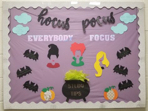 October RA bulletin board. Hocus pocus everybody focus! Res life. Fall bulletin board. College. Study tips. Hocus Pocus Time To Focus Bulletin Board, Bulletin Board For October, Fall Teacher Board Ideas, October Bulletin Boards For College, Halloween College Bulletin Boards, Hocus Pocus Door Decorations For School, Study Tips Bulletin Board, Hocus Pocus Bulletin Board, Halloween Bulletin Board Ideas