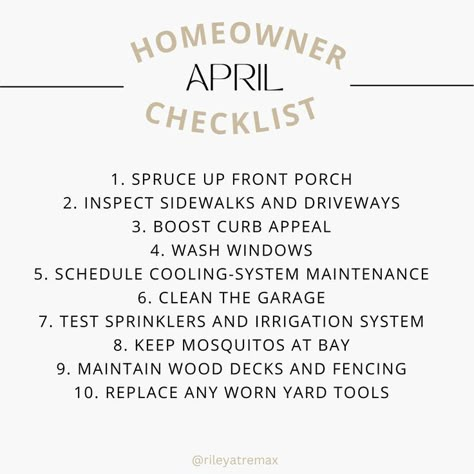 April homeowner checklist. Save this and reference it when you're doing house chores! #homeowner #home #clean #organize #interior Homeowner Checklist, Monthly Checklist, Seasonal Cleaning, Monthly Cleaning, Home Maintenance Checklist, House Maintenance, Maintenance Checklist, House Chores, Life Binder