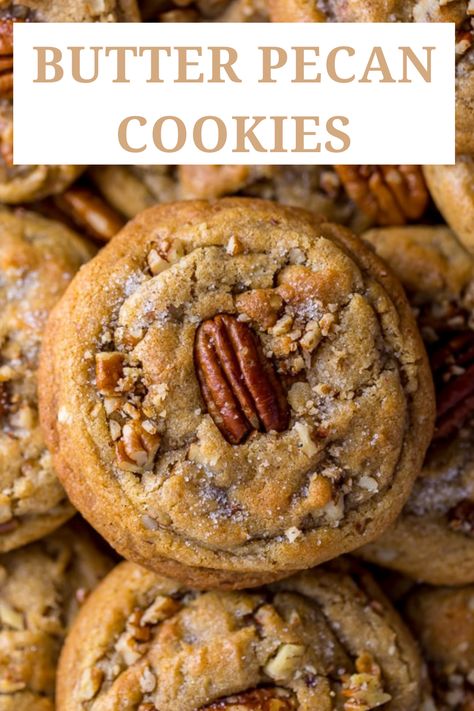 Kick off your fall baking with these easy butter pecan cookies! Perfect easy desserts for Thanksgiving or Christmas cookies. Gourmet Thanksgiving Desserts, Easy Desserts For Thanksgiving, Brown Butter Pecan Cookies, Desserts For Thanksgiving, Butter Pecans, Baker By Nature, Cinnamon Roll Cookies, Butter Pecan Cookies, Comfort Desserts