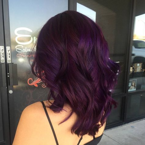 Purple Mid Length Hair, Purple Shaggy Hair, Purple Shag Hair, Purple Hair Color Ideas For Short Hair, Plum Purple Hair, Purple Hair Short, Deep Plum Hair, Deep Purple Hair, Short Purple Hair