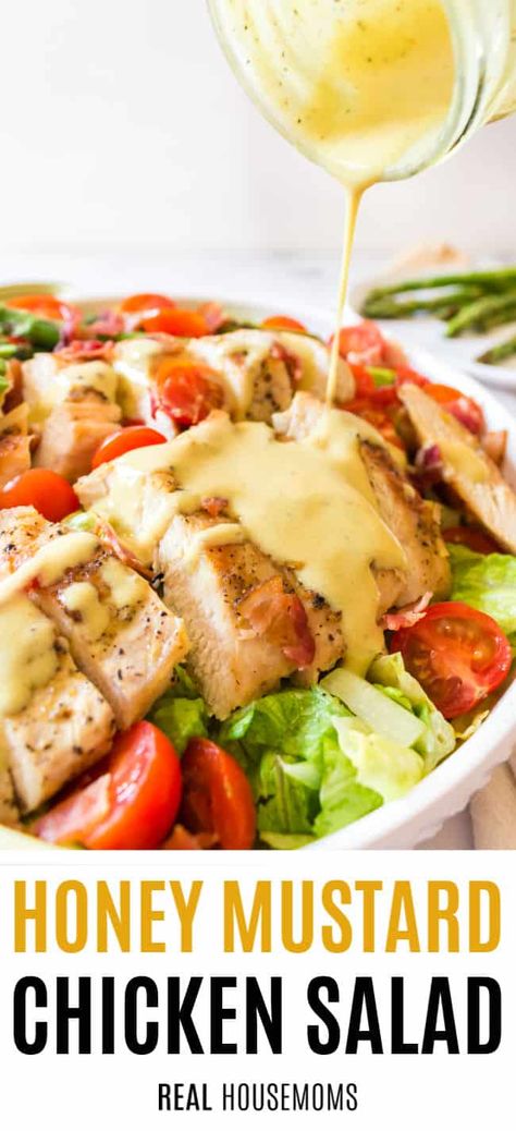 This Honey Mustard Chicken Salad is not just any salad! This gorgeous honey mustard dressing does double-duty as both a slather for the chicken and a dressing! #Realhousemoms #honey #mustard #chicken #salad #dinnertime #easydinner #quickdinner Salad As A Meal, Homemade Honey Mustard Dressing, Honey Mustard Chicken Salad, Mustard Chicken Salad, Dijon Mustard Chicken, Slow Cooker Tomato Soup, Recipes For Meat Lovers, Mac Recipes, Honey Mustard Salad Dressing