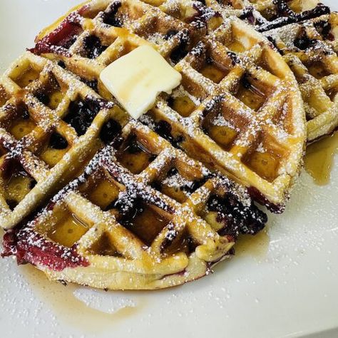 Blueberry Waffles - Blueberry Waffles, Extreme Food, Fluffy Waffles, Carnival Food, Belgian Waffles, Waffle Iron, Frozen Blueberries, Just Cooking, Recipe Images